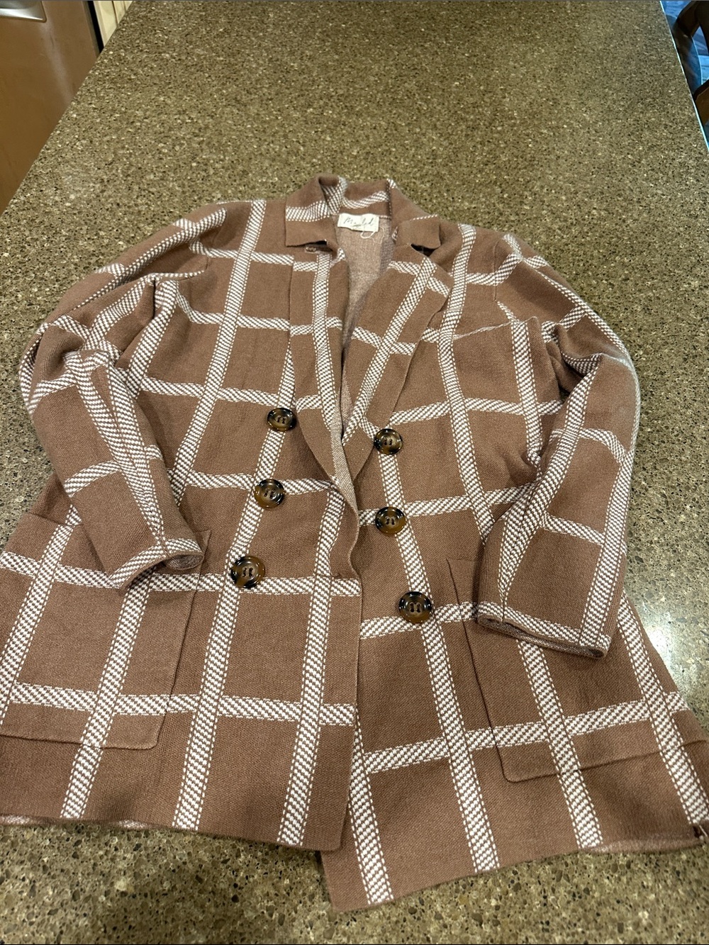 Marled Windowpane Double-Breasted Coatigan - Brown & White